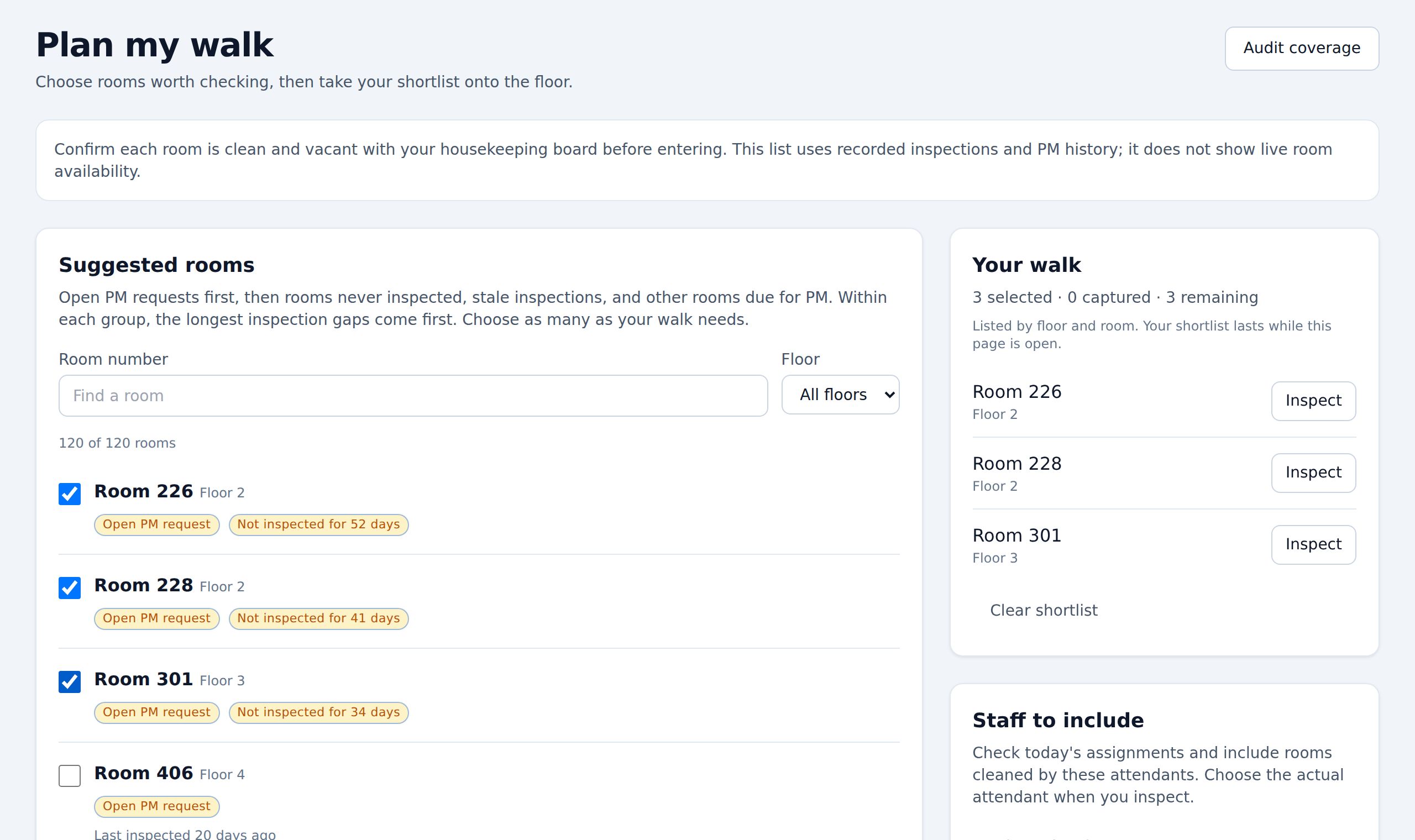 Plan my walk: rooms 226, 228 and 301 shortlisted, each tagged with an open PM request and days since last inspection.